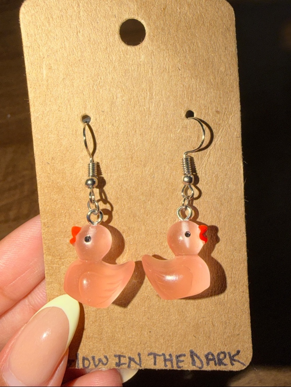 Kids Pink Duck Dangle Earrings - Cute Glow In The Dark Accessory